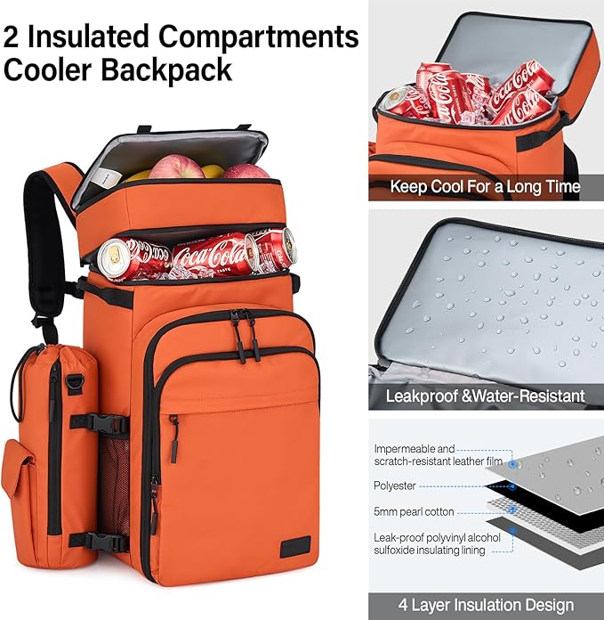 Backpack Cooler, 40 Cans Soft Leak Proof Picnic Backpack, Hanke Portable 2 Insulated Compartments Cooler Backpack Water Resistant for Lunch Beach Travel Camping Picnic Hiking (Orange)