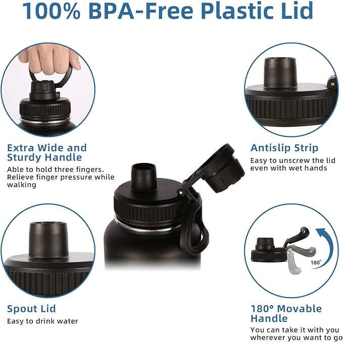 Volhoply Insulated Water Bottles Bulk 2 Pack, 40 oz Stainless Steel Sports Bottle with Paracord Handle & Spout Lid,Metal Travel Water Cups with Wide Mouth,Reusable Big jug for Adults(Black,2 Set)