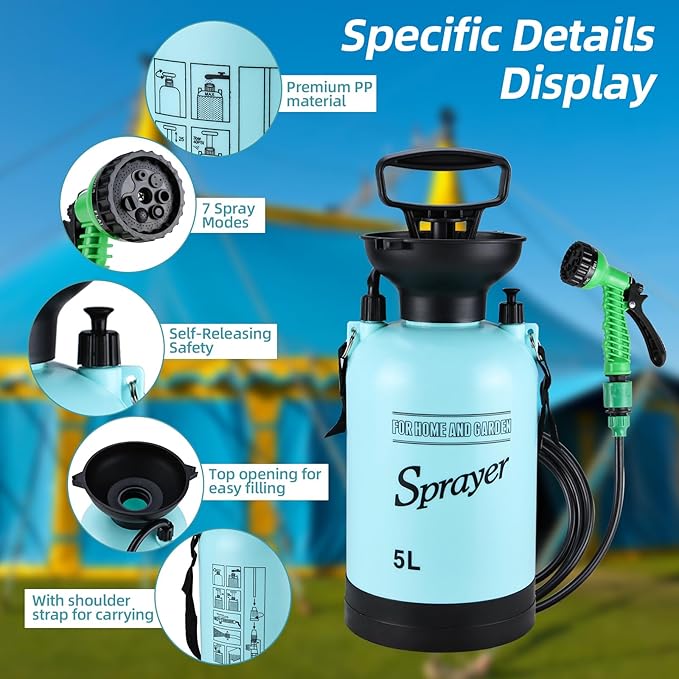 Finderomend Portable Shower for Camping with 7 Spray Modes, Hand Press Camping Shower with Removable Hose and Shower Head,Pressure Rinse Kits for Hiking Traveling Garden Beach Pet Shower