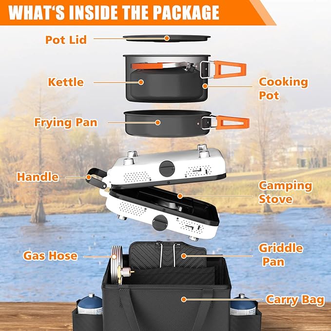 Hisencn Portable Camping Stove, 2 Burner Foldable Camp Stove, 20000 BTU Folding Gas Stove, Portable Propane Stove with Carry Bag, Adjustable Burners & Piezo Ignition, Includes Frying Pan, Kettle, Pot