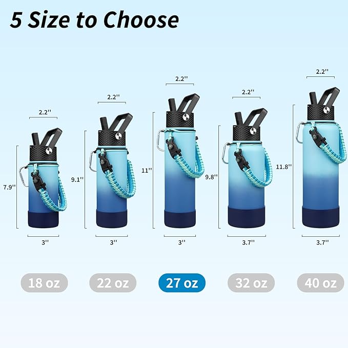 BJPKPK 27oz Insulated Water Bottles with 3 Lids, Paracord Handle & Non-slip Boot, Stainless Steel Metal Water Bottle with Straw, BPA Free Leak Proof Thermo, Tumblers,Sky