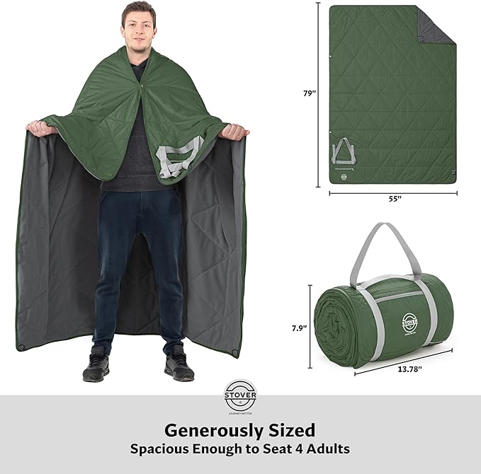 STOVER Waterproof Stadium Blanket – Portable Outdoor Camping Blanket for Travel, Picnics, or Sports – Warm, Windproof, Lightweight, and Packable (Alpine Green)