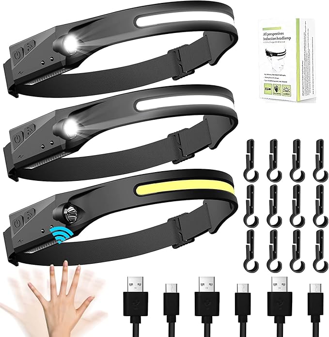 3 Pack Rechargeable LED Headlamp, Motion Sensor, 230 Wide Beam, Light Buddy Headlamp, Suitable for Camping, Hiking, Walking, Running, Cycling