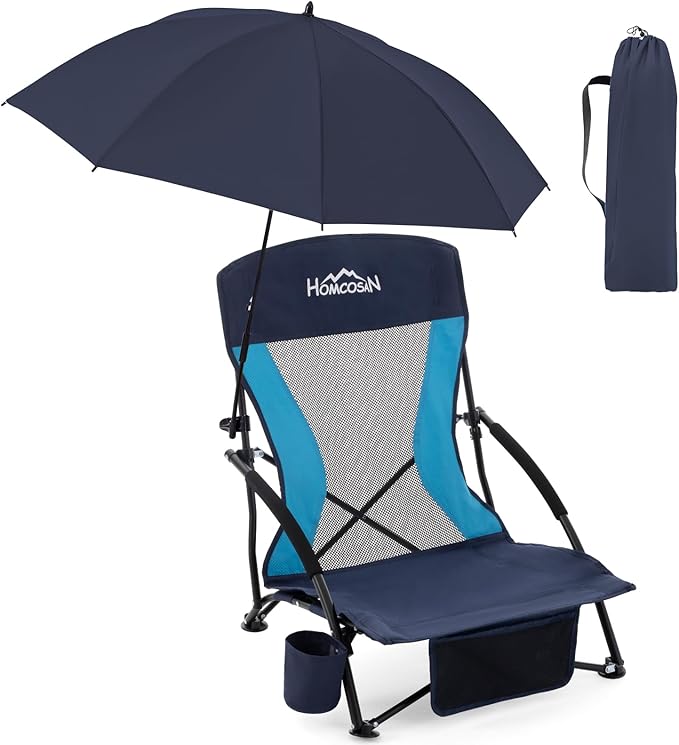 Homcosan Portable Low Folding Beach Chair with Detachable Umbrella - Lightweight Camping Chair for Adults with Cup Holder & Storage Pocket, Carry Bag Included (Navy & Blue)
