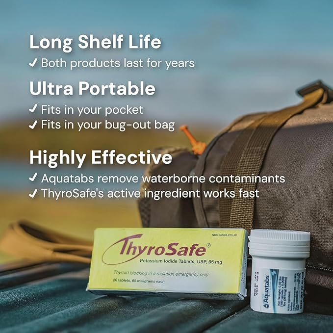 Aquatabs 397mg Water Purification Tablets (100 Pack) and Thyrosafe 65 mg Potassium Iodide Tablets (20 Pack) - Emergency Kit for Radiation and Water Treatment - Portable Survival Kit