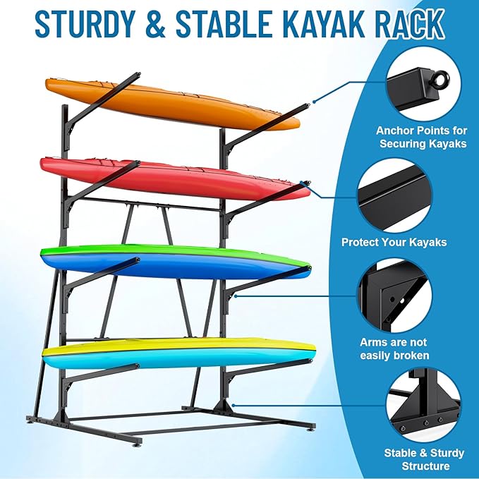 Kayak Storage Rack, Heavy Duty Freestanding Kayak Rack for Garage and Outdoor Storage, Kayak Stand Adjustable for Kayak, Canoe, Surfboard and Paddle Board