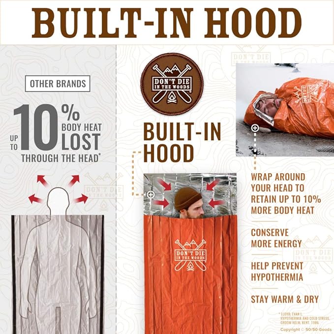 Emergency Sleeping Bag with Hood | Ultralight, Waterproof, Thermal Mylar Sleeping Bag Liner | Survival Bivy Space Blanket Bivey for Hiking, Backpacking, Earthquake, Camping, 72 Bug Out, Survival Kit