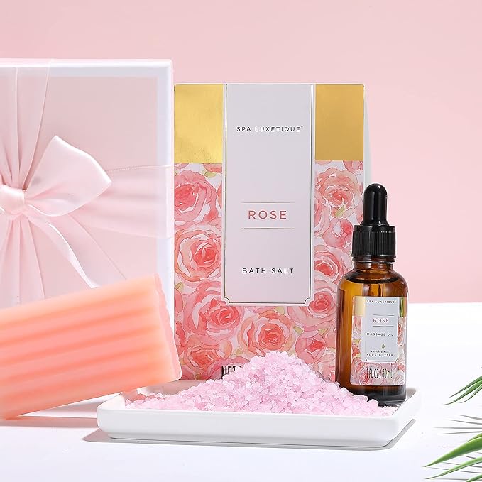Spa Luxetique Spa Gift Baskets for Women, 12 Pcs Rose Presents Set with Bubble Bath, Bath Bombs, Body Lotion, Hand Cream, Christmas Gift Basket for Mom
