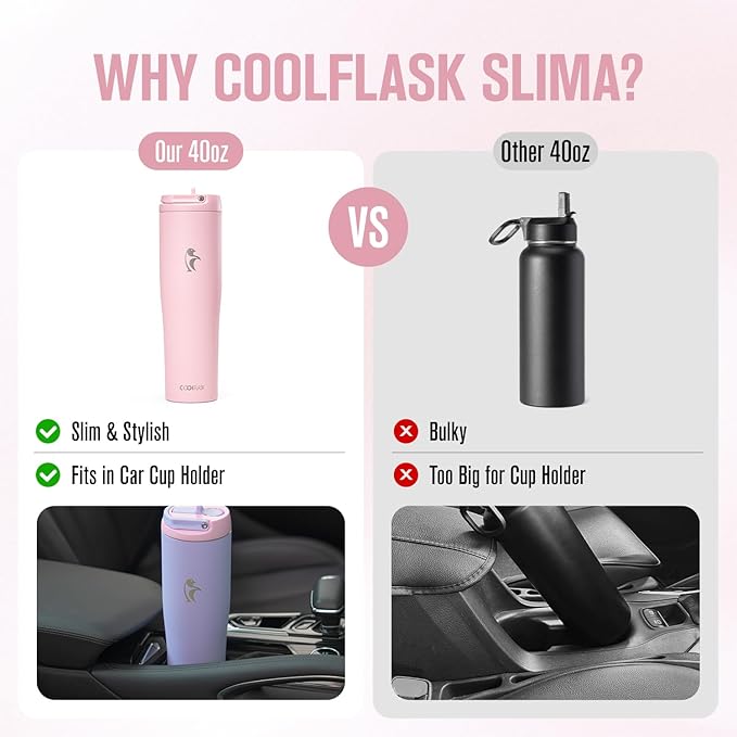 Coolflask Water Bottle 40 oz Fits Car Cup Holder, Slim Tumbler Stainless Steel with Straw & Handle, Vacuum Flask Leakproof Wide Mouth for Travel Sports Gym, Pink