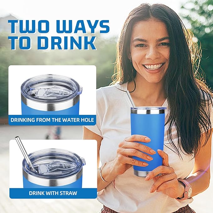 20 oz Tumbler with Lids and Straws, Stainless Steel Insulated Travel Coffee Mug, Double Wall Vacuum Insulated Tumblers, Powder Coated Coffee Tumbler for Cold & Hot Drinks (Sea Blue, 6 Pack)
