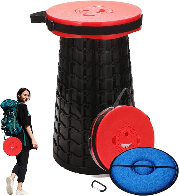 19.7” Heavy Duty Collapsible Stool with Cushion - Portable, Foldable Camping Stool for Adults, Max Capacity 1000lbs (RED)
