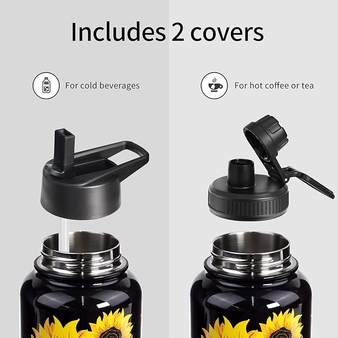 32oz Sunflower Vacuum Insulated Stainless Steel Water Bottles with Straw & Spout Lids, Double Wall Sport Bottle, Sweat-Proof BPA Free, Canteen Metal Thermo Mug Hydro Cup Jug, Sunlfower Gift