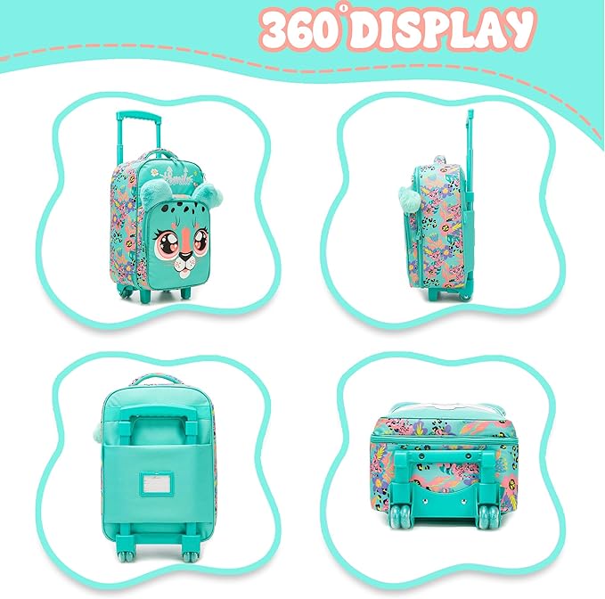 Kids Carry On Luggage with Wheels Softside Kids Suitcase for Girls Airline Approved & Girls Multi-function Carry Bag 4pcs Set