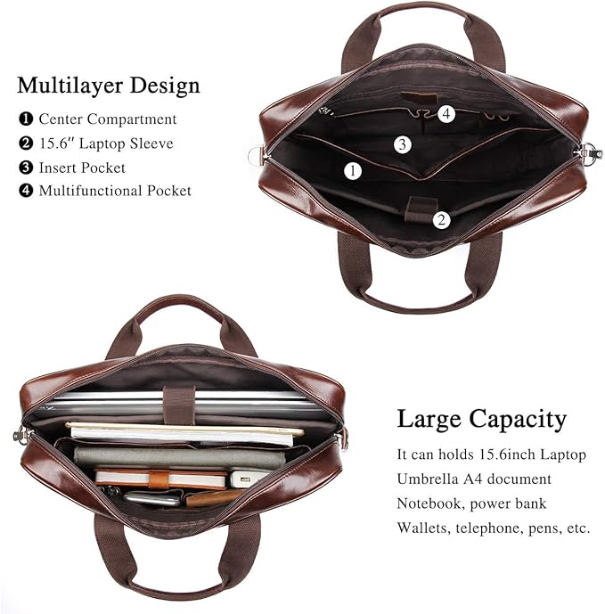 Augus Leather Laptop Briefcase for Men,Waterproof Travel Messenger Duffle Bags 15.6 Inch Laptop Bag