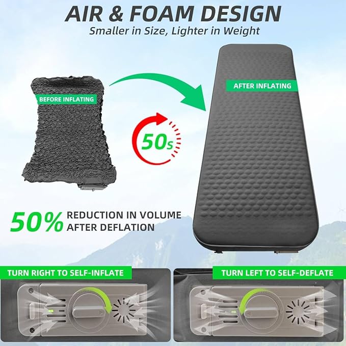Self Inflating Sleeping Pad with Electric Pump, 4”Ultra-Thick Memory Foam Camping Mattress Pad, Ultralight Camping Sleeping Pad, 9.5 R-Value Insulated Sleeping Mat for Car Travel