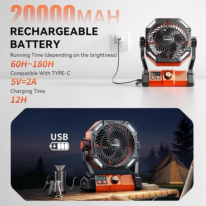 Camping LED Fan with Light, 40000m Rechargeable Battery Powered Outdoor Tent Fan with Light and Hook, 6 Speed, Personal USB Desk Fan for Camping, Fishing, Power Outage,Hurricane, Worksite
