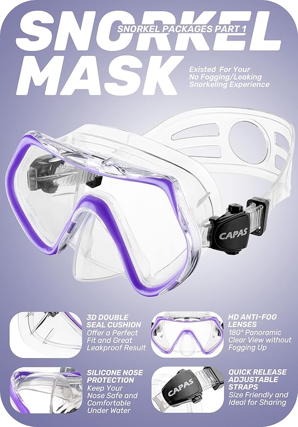 CAPAS Snorkel Mask Fins Set, Travel Size Snorkeling Gear for Adults with Adjustable Fins, Diving Mask and Dry Top Snorkel, Come with a Carrying Bag