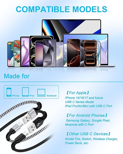 Car play Charger Cable for iPhone 17e 17 Pro Max 16e 16 15 Fast Charging Cord, [2Pack/6FT] USB A to USB C Power Cable for Apple 17 16 15 Pro/Pro Max/Plus Type C Cord, for iPad Pro 12.9/11, Air 5th/4th
