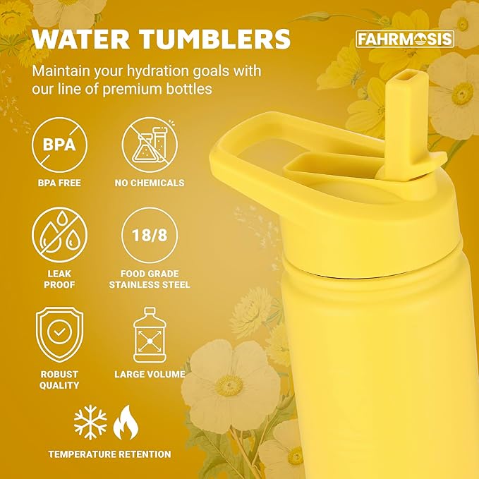 32 Oz Water Bottle with Straw Stainless Steel Sports Water Bottle with 3 Lids (Straw, Chug & Flip Lid) 1 Liter Leak Proof Insulated Metal Jug for Men & Women - Yellow