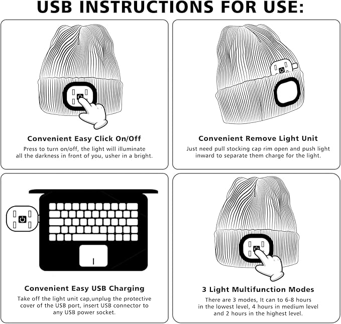 ATNKE LED Lighted Beanie Hat,USB Rechargeable 4 LED Running Headlamp Bright Cap with The Light Gifts for Men and Women