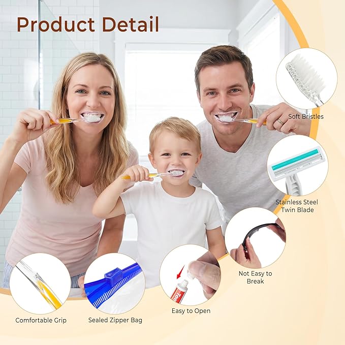 10 Sets Personal Hygiene Kit Bulk,Yellow Basic Travel Toiletry Supplies Disposable Toothbrushes with Toothpaste Floss Comb Soap Cover and Razors Set for Homeless,Guests,Church