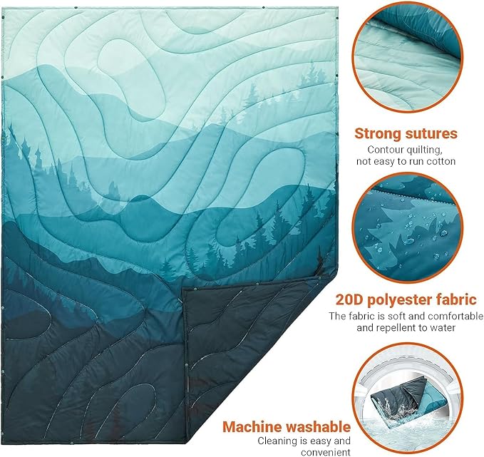 KingCamp Ultralight Camping Blanket, Packable Down Alternative Puffy Printed Wearable Blanket with Snap Buttons & Corner Loops Weatherproof Quilt for Outdoor Travel Stadium (79"L x 57”W, CYAN)