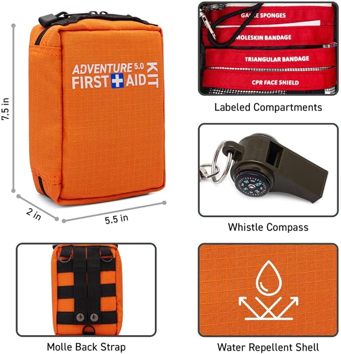 Adventure 5.0 First Aid Kit, Water Repellant Shell – First Aid Kit for Camping, Hiking, Outdoor Sports, Adventure, Travel, Biking – 130 Piece Adventure Essentials Kit