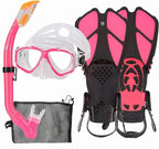 Kids Mask Fins Snorkel Set Snorkeling Packages, with Diving Mask, Snorkel, Adjustable Swim Fins, Mesh Bag, Anti-Fog Anti-Leak Snorkeling Gear for Kids for Snorkeling Swimming Diving