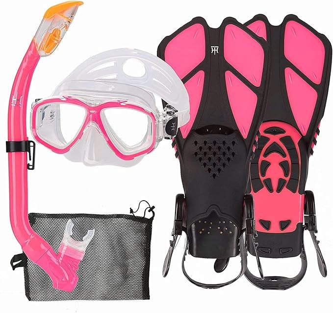 Kids Mask Fins Snorkel Set Snorkeling Packages, with Diving Mask, Snorkel, Adjustable Swim Fins, Mesh Bag, Anti-Fog Anti-Leak Snorkeling Gear for Kids for Snorkeling Swimming Diving