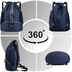 Hoedia Sports Drawstring Backpack - String Swim Gym Bag with Shoes Compartment and Wet Proof Pocket for Women/Men (Navy Blue)