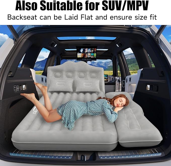 Car Air Mattress, Inflatable SUV Truck Car Camping Mattress for Back Seat, Thickened Travel Car Bed Sleeping Pad with Car Air Pump 2 Pillows (Grey)