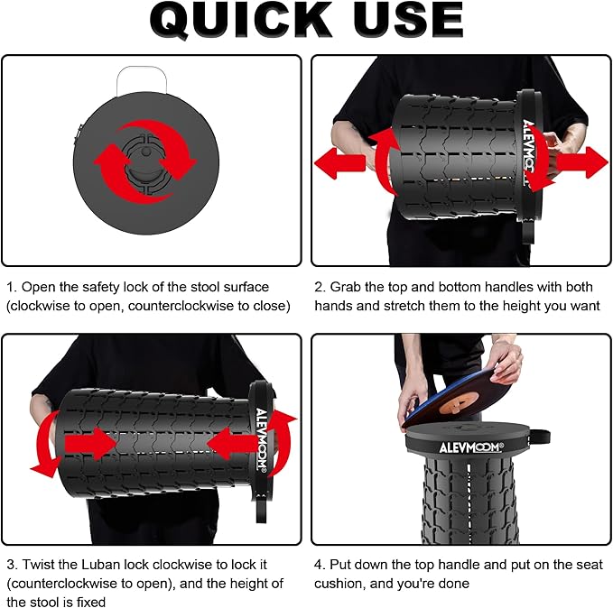 ALEVMOOM Upgraded 19.7" Portable Telescoping Stool,XXL Collapsible Stool with Cushion,Capacity 1000lbs Heavy Duty Retractable Folding Chair for Adults for Camping Fishing Hiking BBQ