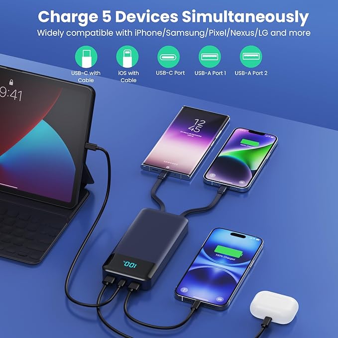 Portable Charger 40800mAh Power Bank with 3 Built-in Cables,PD 25W USB C in&Out Power Bank Fast Phone Charging,QC4.0 5 Output LED Display Battery Pack Compatible with iPhone 16/15,Samsung Android-Navy