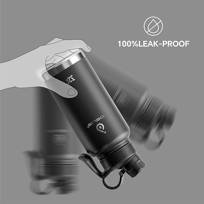 IDEUS Insulated Stainless Steel Water Bottle with 2 Leak-Proof Lids, Thermal Water Flask for Hiking Biking, 32oz, Black