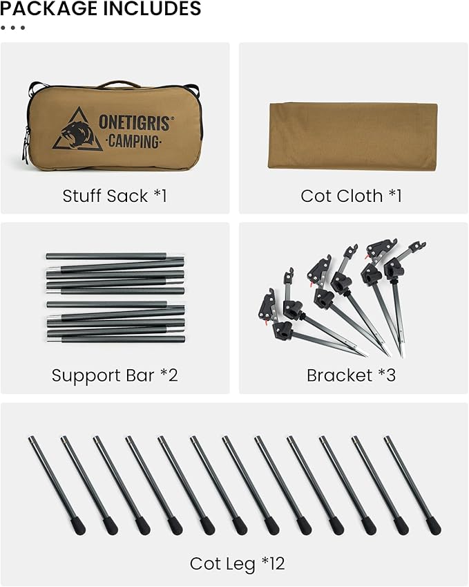 ONETIGRIS SUPRANUBIS Camping Cot, Height Adjustable with Cot Leg Extenders, Strong Support 330lbs, Lightweight Comfortable Folding Bed for Camping, Hiking, Travel, Truck, Beach, Office Nap