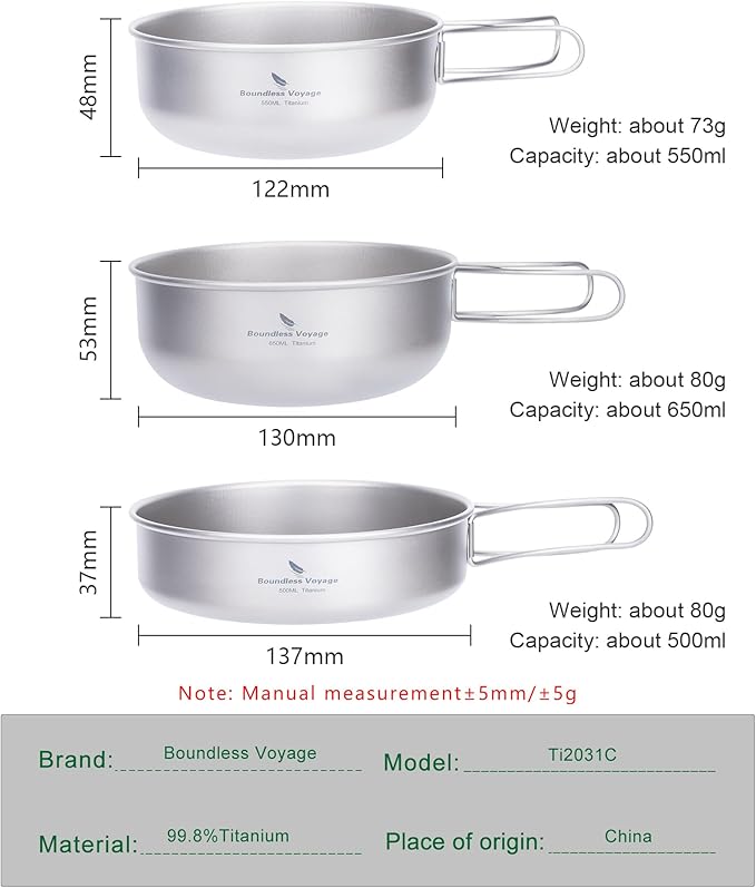 iBasingo 3-Piece Set Titanium Pot Set Camping Cooking Pan with Folding-Handle Outdoor Camp Cookware Pot Sets
