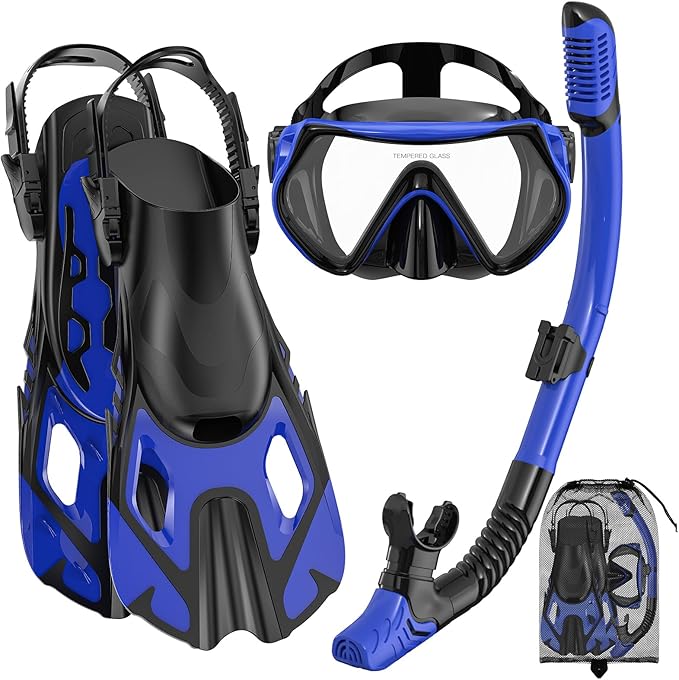 Snorkeling Gear for Adults, Mask Fin Snorkel Set, Dry Top Snorkel, Snorkeling Kit Travel Diving Package, Panoramic View Anti-Fog Anti-Leak Adjustable Swim Fins