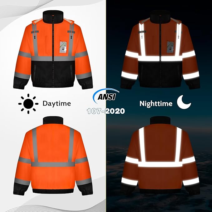Hi Vis Jackets, Safety Jacket with Pockets for Men& Women, Reflective Construction Coats for Winter Cold Weather, Waterproof High Vis Rain Gear, Class 3, Orange-Black, XL