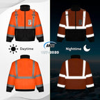 Hi Vis Rain Jackets, Reflective Safety Jacket with Pockets for Men& Women, Construction Coats for Winter Cold Weather, Waterproof Rain Gear, Class 3, Orange-Black, 4XL