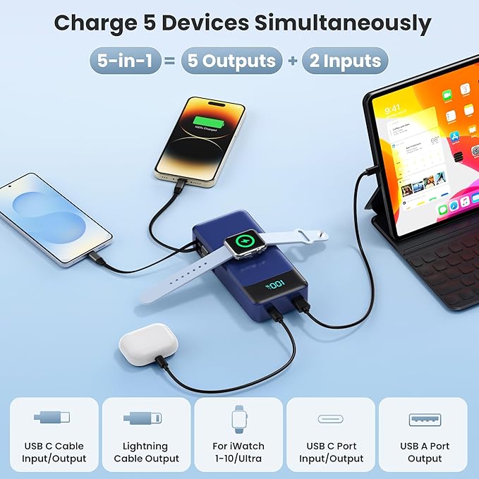 Portable Charger 40800mAh Power Bank with 2 Built-in Retractable Cables,25W PD Fast Charging Phone Charger with iWatch Charger,5 Output 2 Input LCD Display Battery Pack for iPhone 16/15,Android (Blue)