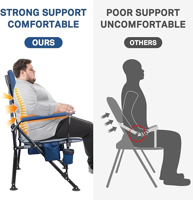MENOLY Oversized Folding Camping Chair, 500lbs Support Max with Cooler Bag, Multiple Side Pockets & Cup Holder, Heavy Duty Camping Chairs for Adults for Camping, Beach, Fishing