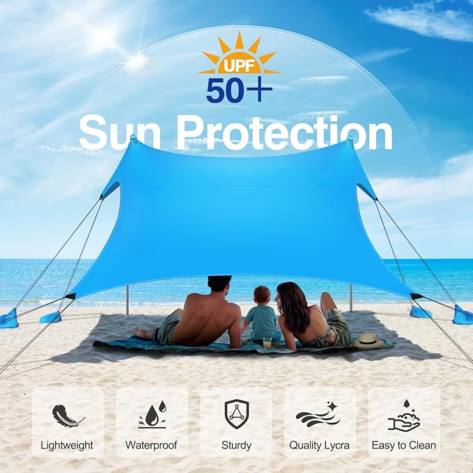 Rhino Valley Beach Tent Shade Canopy UPF50+ Protection, 8 Sandbags, 4 Stability Poles, Outdoor Sun Shelter Umbrella for Sand, Camping, Fishing Essentials