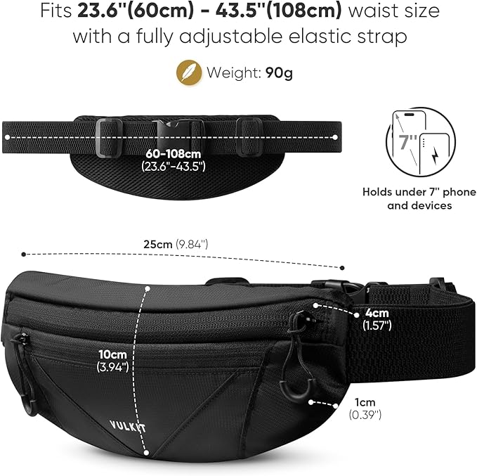 VULKIT Casual Lightweight Fanny Pack for Women & Men, Outdoor Belt Bag to Free Your Hands, Nylon Waterproof Waist Bag with Adjustable Elastic Band, Small Slim Fit Fashion Waist Pack, Black