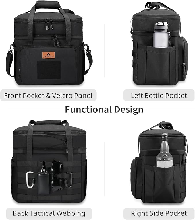 HSHRISH Tactical Lunch Box, Large Expandable Insulated Lunch Bag, Durable Waterproof Leakproof Cooler Bag for Adults/Men/Women/Work Outdoor Beach Trips, 20 Cans/15 L, Black