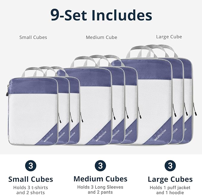 9 Set Compression Packing Cubes for Travel - Compressible, Lightweight, and Space-Saving Packing Cubes, Travel Essentials for Women, Bluish Purple