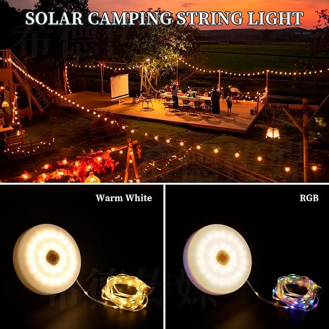 Solar Camping Lights with 13 Lighting Modes,33 FT Fairy Lights 130LEDs,Portable Waterproof 4 in 1 Camping Lantern,Retractable Design & Hooks for Outdoor Garden Party Essentials