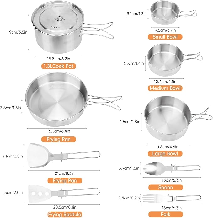 13 Piece Camping Cookware Set Stainless Steel Pots and Pans Set with Folding Forks Spoons Spatulas, Portable Lightweight Camping Mess Kit for Backpacking, Outdoor Cooking