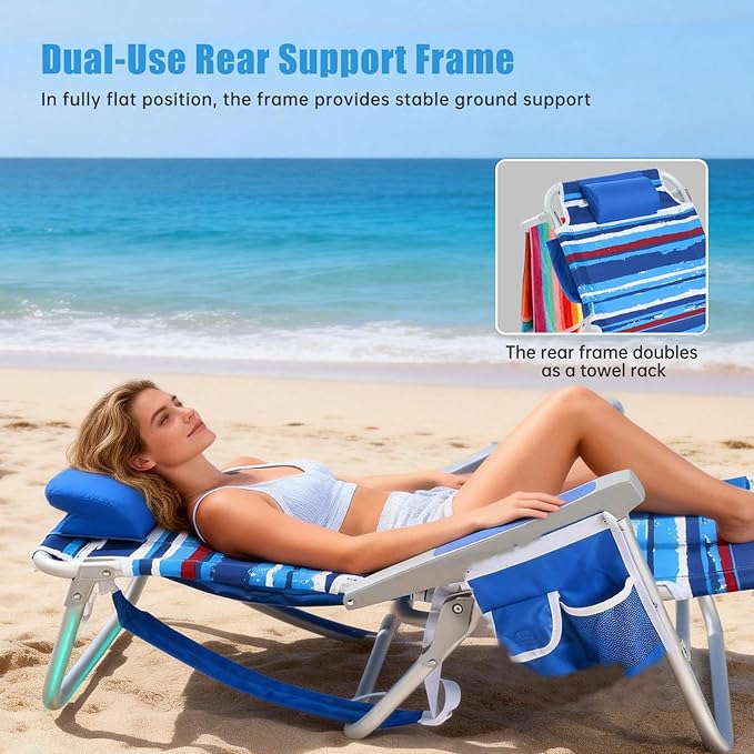 SUNNYFEEL Low Beach Chair 5 Position Lay Flat, Portable Folding Backpack Beach Chairs Heavy Duty with Cooler Bag, Cup Holder for Outdoor/Lawn/Picnic/Fishing, Foldable Camping Chair (New BlueStripe)