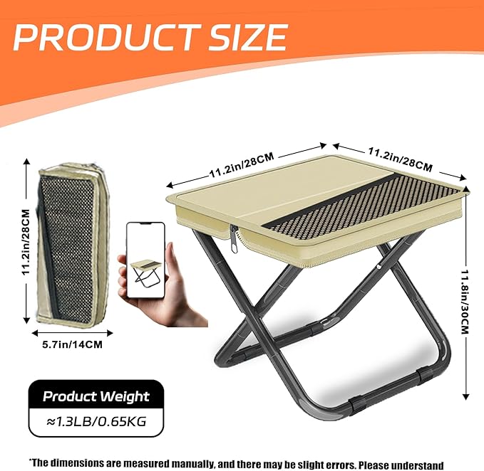 Portable Pocket Camping Chair,Ultralight Foldable Camp Stool with Compact Carry Bag, Heavy-Duty 220LBS Capacity for Outdoor Hiking, Fishing, Travel (Khaki)