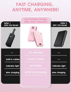 Portable Charger Power Bank, 12000mAh 22.5W USB C Power Bank Fast Charging with Built-in Cables and Wall Plug, Travel Essential Battery Pack with LED Display Compatible with iPhone, iPad, Samsung Pink